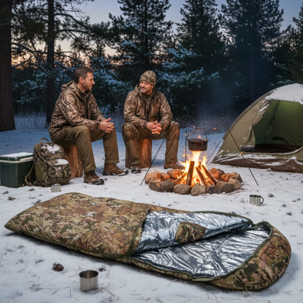 DERBY CMK 240-90-L Camouflage Sleeping Bag Blanket &ndash; Extra Warm Winter Sleeping Bag up to -25&deg;C | Double-Layer 400 g/m&sup2; Insulated, Waterproof Oxford Shell, Omni-Heat Lining, Large 240&times;90 cm Military Sleeping Bag