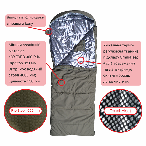 DERBY CMK 240-90-R (right) Olive green Sleeping Bag Blanket &ndash; Extra Warm Winter Sleeping Bag up to -25&deg;C | Double-Layer 400 g/m&sup2; Insulated, Waterproof Oxford Shell, Omni-Heat Lining, Large 240&times;90 cm Military Sleeping Bag
