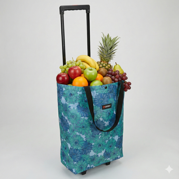 Shopping cart DERBY 092501 blue fowers 25 l on wheels with hanging telescopic handle